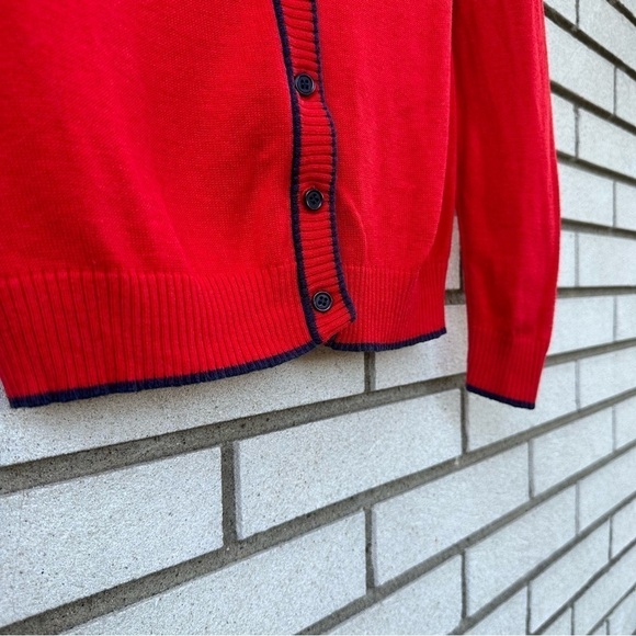 ModCloth Red Navy Trim Modal Cotton Button Front Knit Cardigan Sweater - Picture 4 of 8